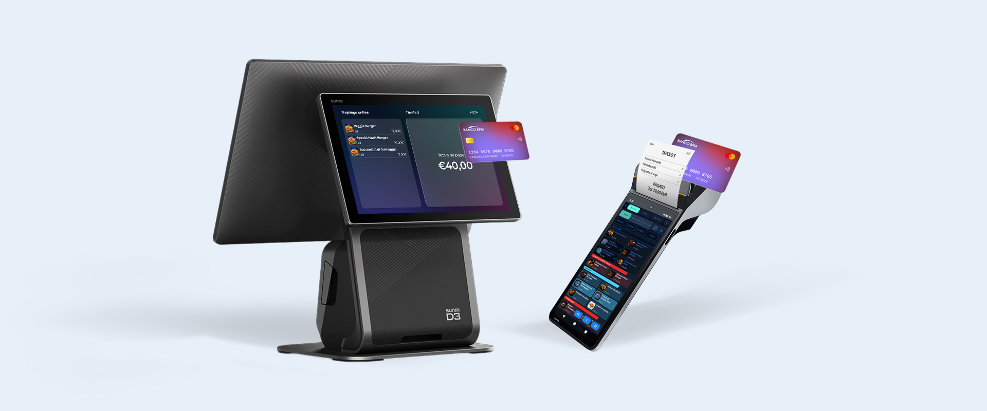 Un terminal TPV de mostrador y un lector TPV portátil con pantallas que muestran transacciones y pagos digitales