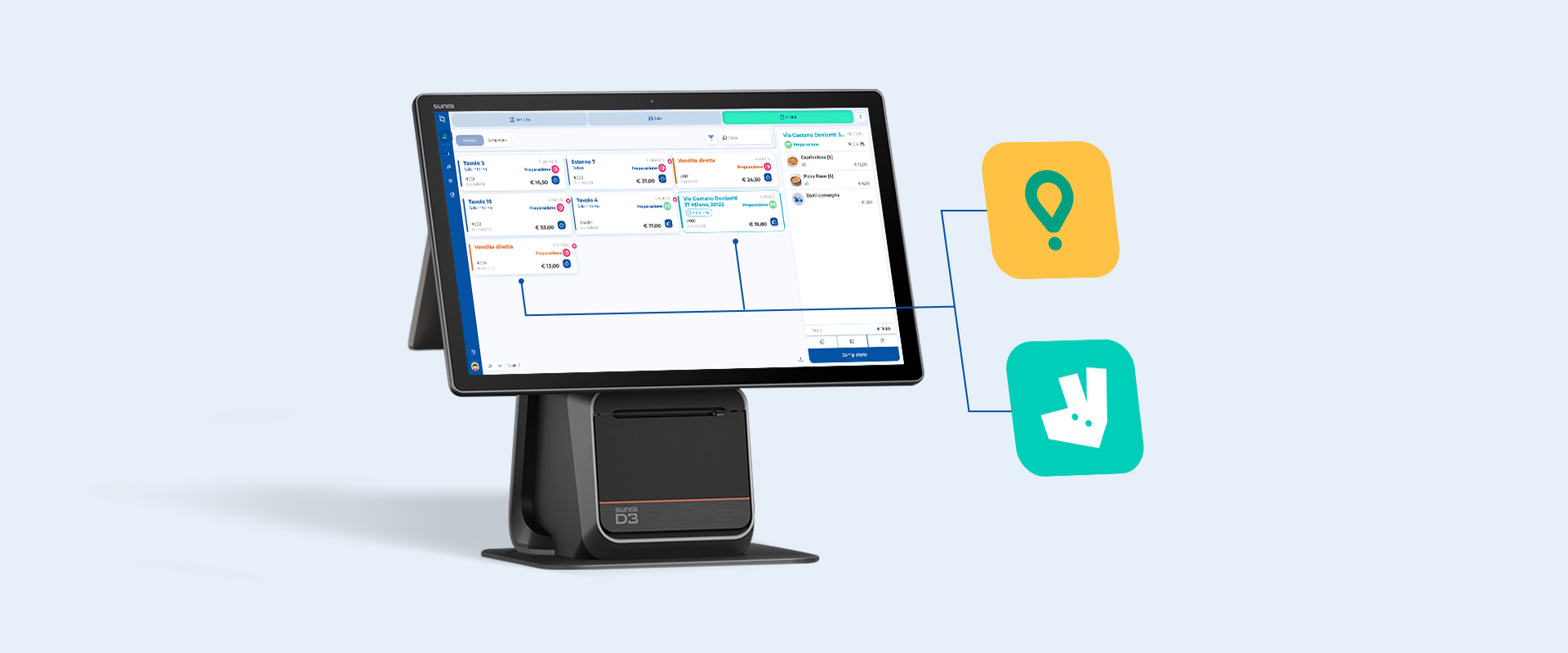 Terminal TPV con líneas gráficas que muestran la recepción automática de pedidos desde las plataformas Glovo y Deliveroo