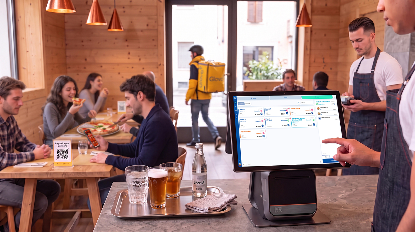 Empleado utiliza un terminal TPV en la caja de una pizzería concurrida, con clientes en las mesas pidiendo de forma autónoma, un camarero usando una PDA y un rider al fondo
