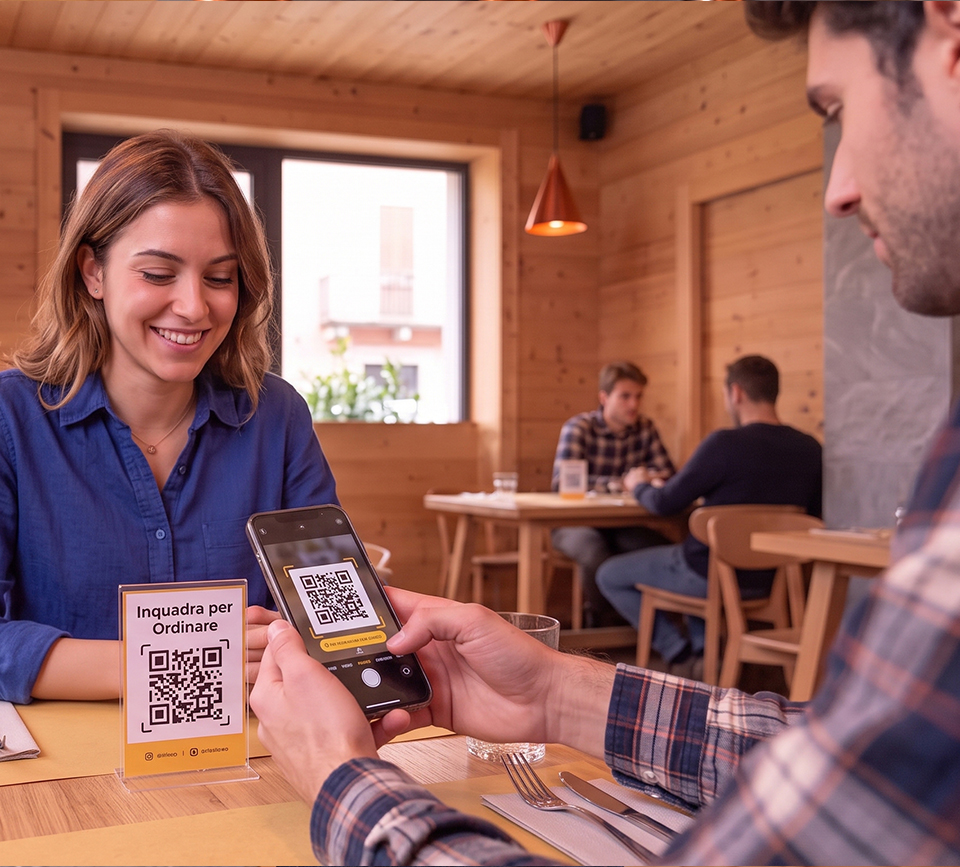 Cliente sentado a la mesa enfocando con el smartphone un código QR para pedir, frente a una mujer sonriente