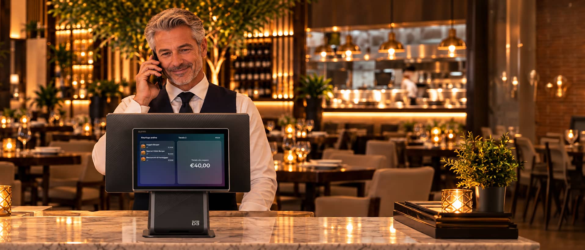 Empleado de una pizzería sonriendo al teléfono mientras utiliza un terminal TPV en el mostrador, con un horno de leña al fondo
