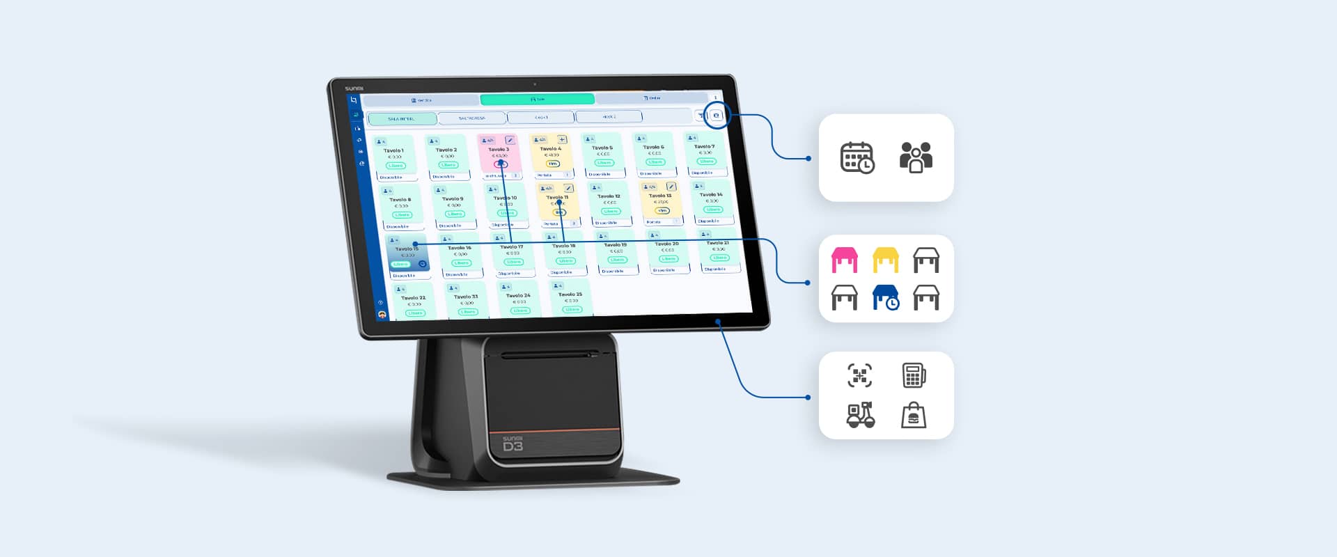 Un terminal TPV de mostrador y un lector TPV portátil con pantallas que muestran transacciones y pagos digitales