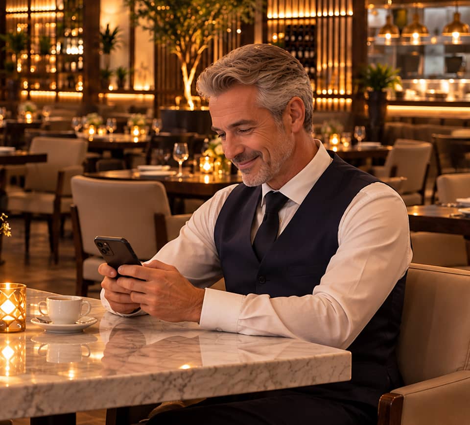 Trabajador sonriente con delantal registrándose en Qromo con el smartphone dentro de una pizzería, con un horno de leña al fondo
