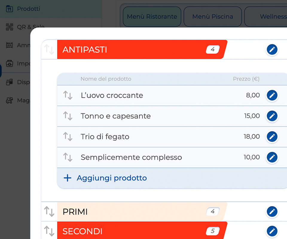 Captura de pantalla de un software de gestión para pizzerías que muestra una carta con una lista editable de pizzas organizadas por categorías